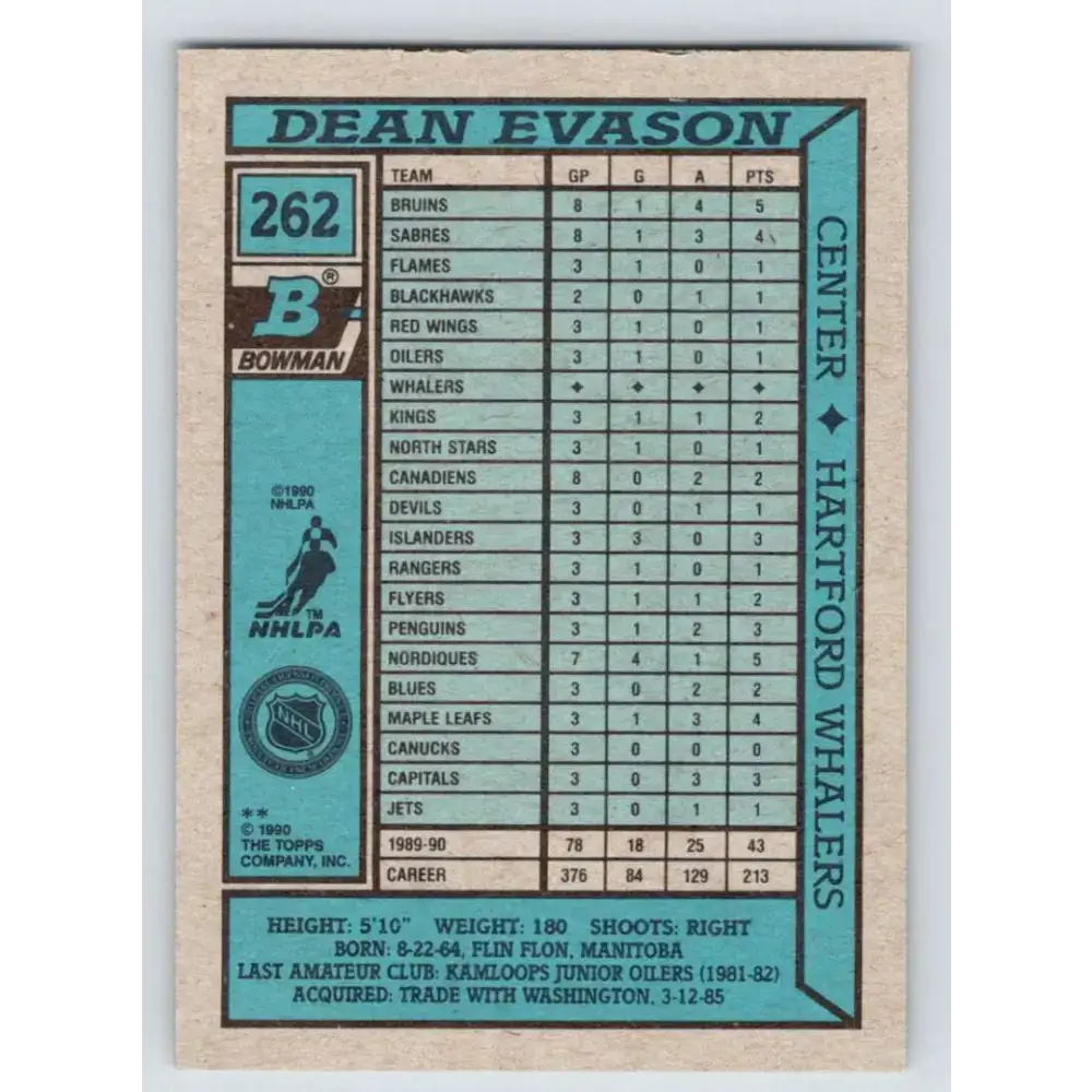 1990-91 Bowman #262 Dean Evason NM-MT Hartford Whalers Hockey Card