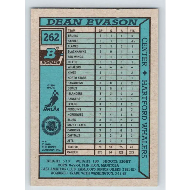 1990-91 Bowman #262 Dean Evason NM-MT Hartford Whalers Hockey Card