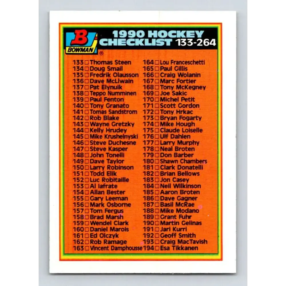 1990-91 Bowman #264 Checklist 133-264 NM-MT Hockey Card - Hockey Card Single