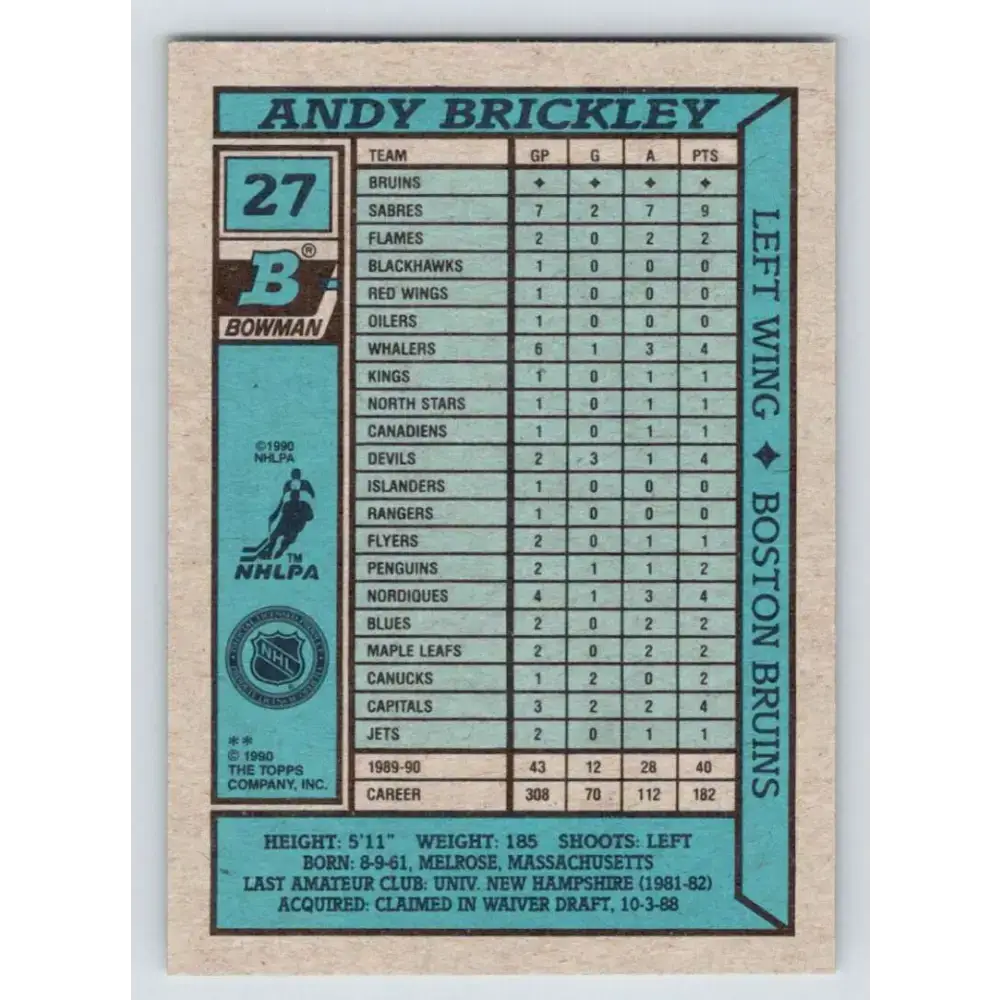 1990-91 Bowman #27 Andy Brickley NM-MT Calgary Flames Hockey Card - Hockey Card Single