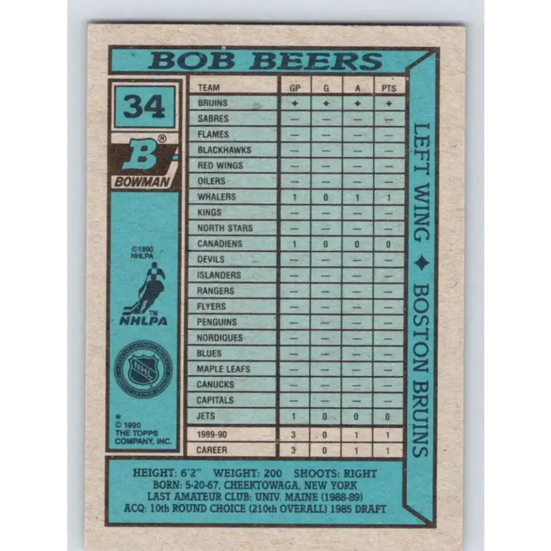 1990-91 Bowman #34 Bob Beers NM-MT RC Rookie Calgary Flames Hockey Card - Hockey Card Single