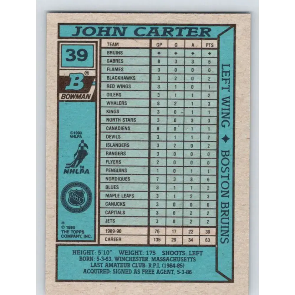 1990-91 Bowman #39 John Carter NM-MT Calgary Flames Hockey Card - Hockey Card Single