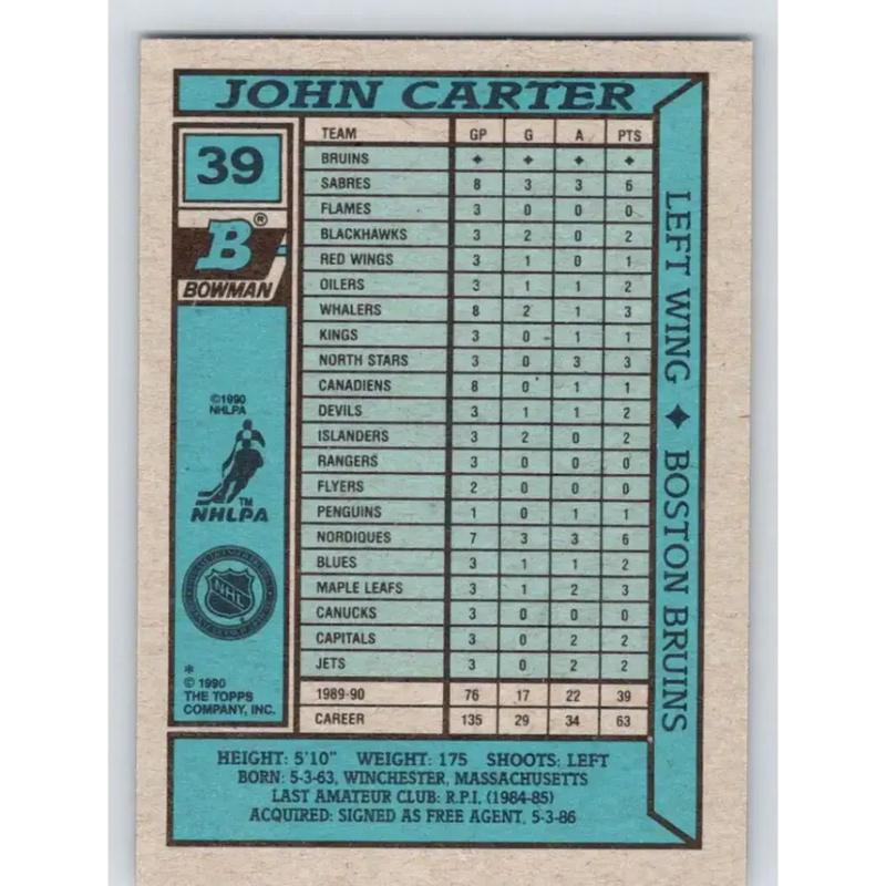 1990-91 Bowman #39 John Carter NM-MT Calgary Flames Hockey Card - Hockey Card Single