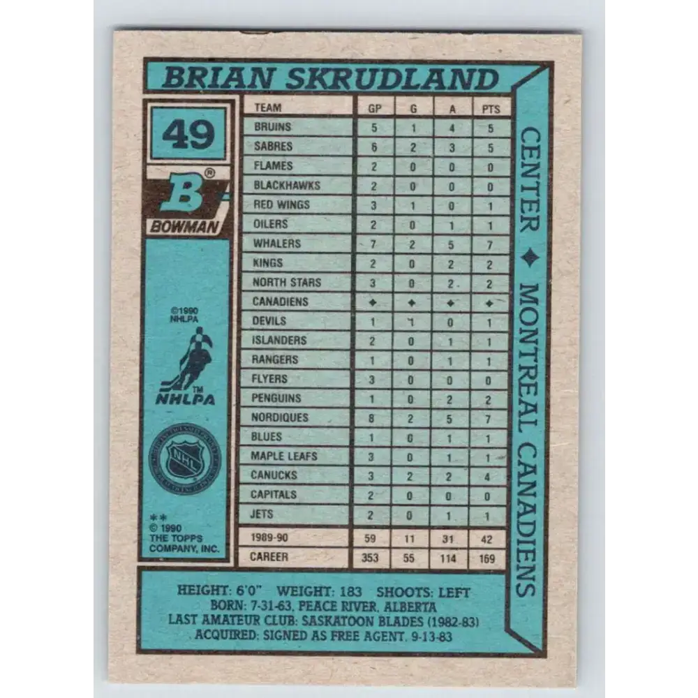 1990-91 Bowman #49 Brian Skrudland NM-MT Montreal Canadiens Hockey Card - Hockey Card Single