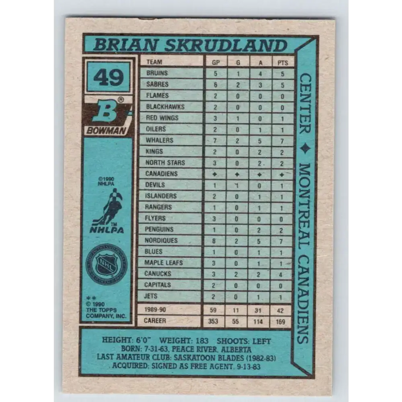 1990-91 Bowman #49 Brian Skrudland NM-MT Montreal Canadiens Hockey Card - Hockey Card Single
