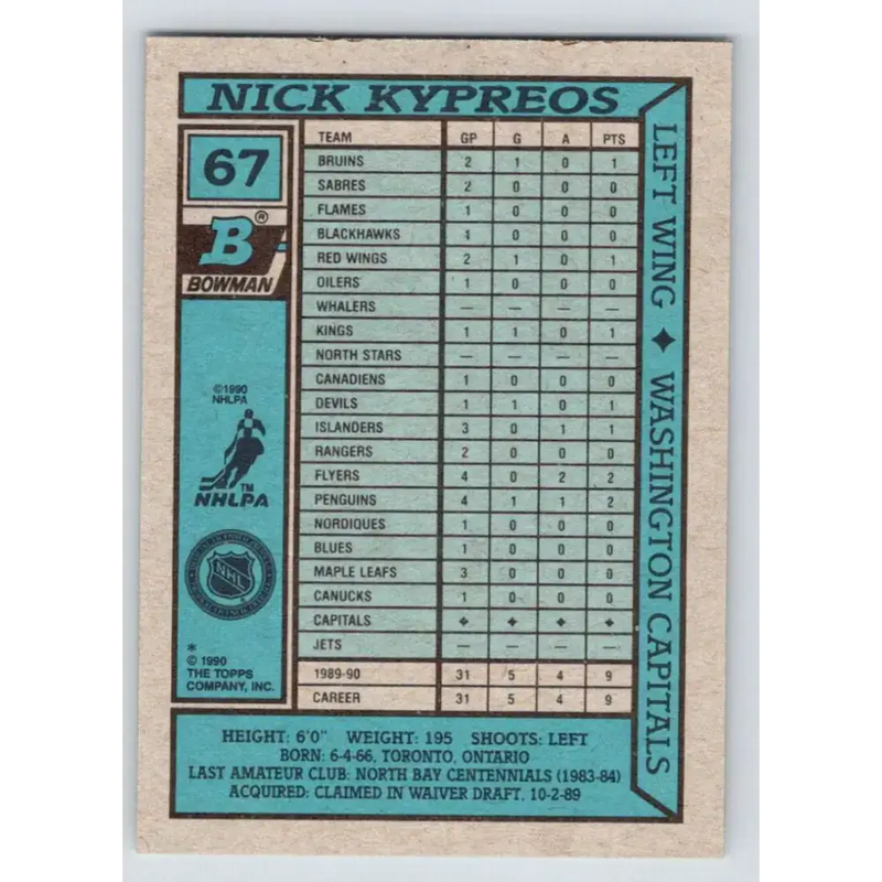 1990-91 Bowman #67 Nick Kypreos NM-MT Washington Capitals Hockey Card - Hockey Card Single