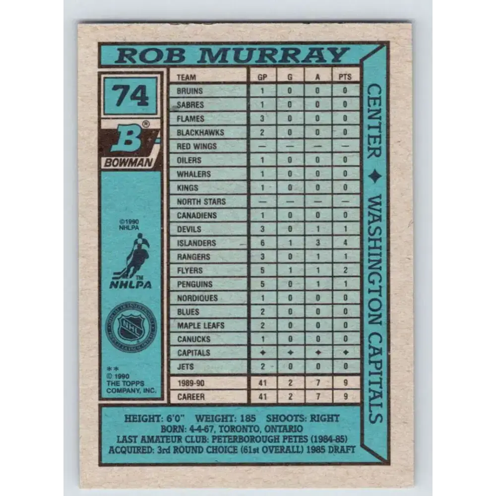 1990-91 Bowman #74 Rob Murray NM-MT Washington Capitals Hockey Card - Hockey Card Single
