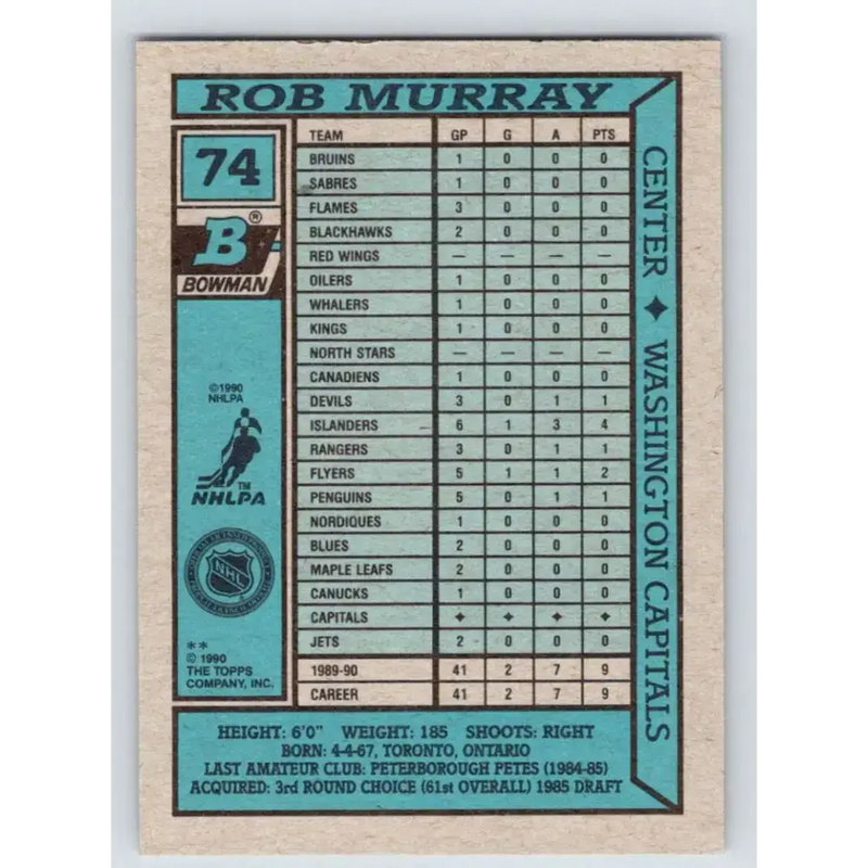 1990-91 Bowman #74 Rob Murray NM-MT Washington Capitals Hockey Card - Hockey Card Single