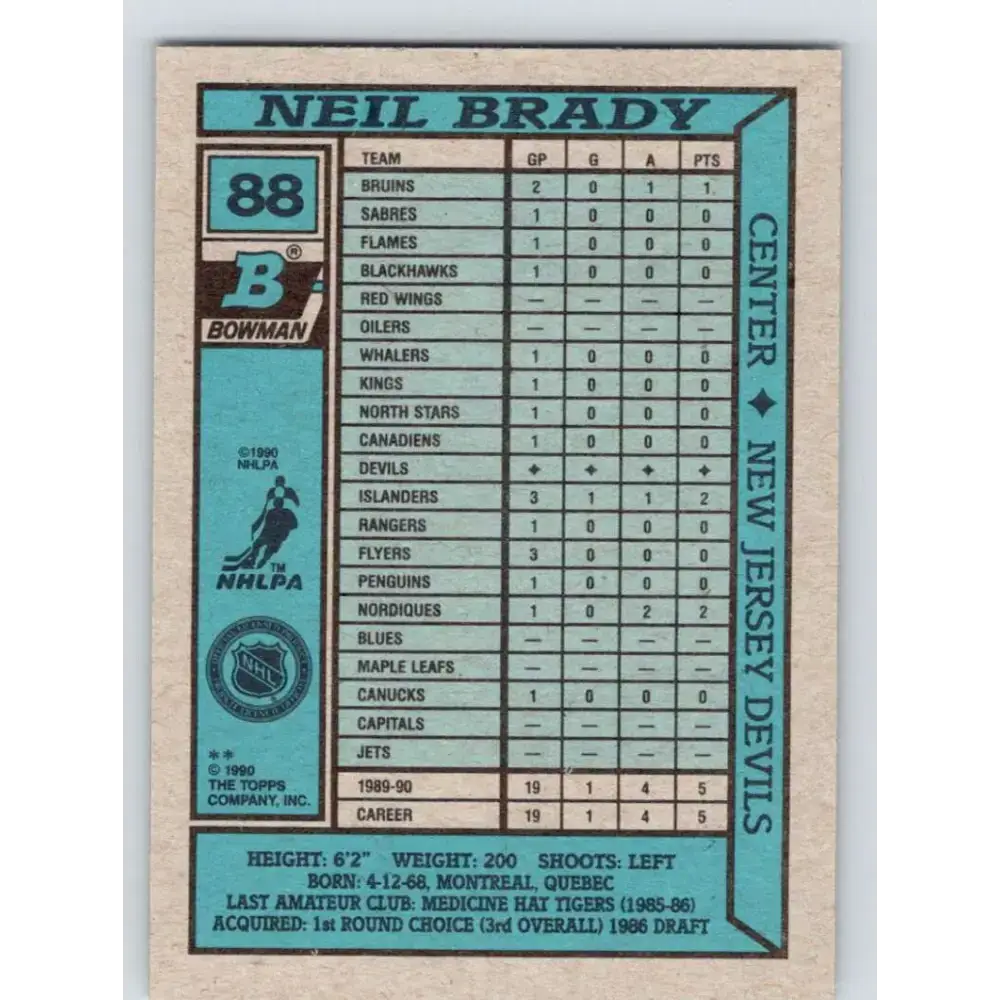 1990-91 Bowman #88 Neil Brady NM-MT New Jersey Devils Hockey Card - Hockey Card Single