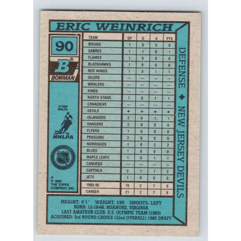 1990-91 Bowman #90 Eric Weinrich NM-MT RC Rookie New Jersey Devils Hockey Card - Hockey Card Single