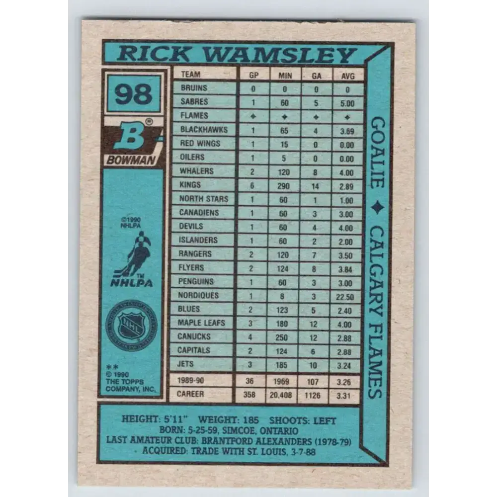 1990-91 Bowman #98 Rick Wamsley NM-MT Calgary Flames Hockey Card - Hockey Card Single