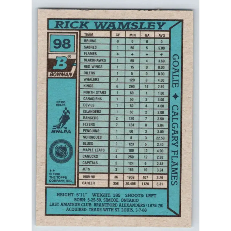 1990-91 Bowman #98 Rick Wamsley NM-MT Calgary Flames Hockey Card - Hockey Card Single