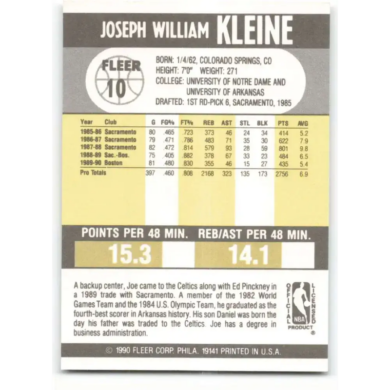 1990-91 Fleer #10 Joe Kleine EX Excellent Boston Celtics Basketball Card - Basketball Card Single