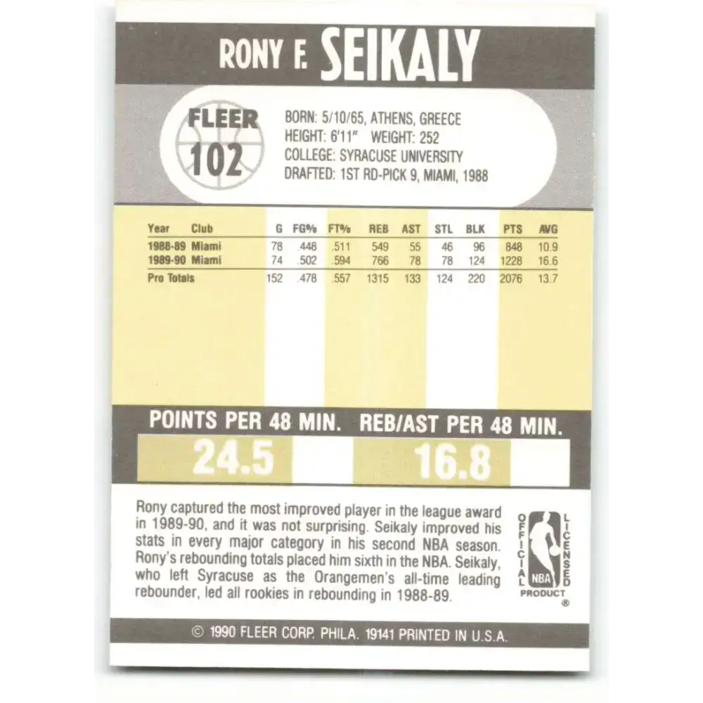 1990-91 Fleer #102 Rony Seikaly EX Excellent Miami Heat Basketball Card - Basketball Card Single