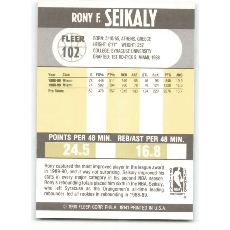 1990-91 Fleer #102 Rony Seikaly EX Excellent Miami Heat Basketball Card - Basketball Card Single