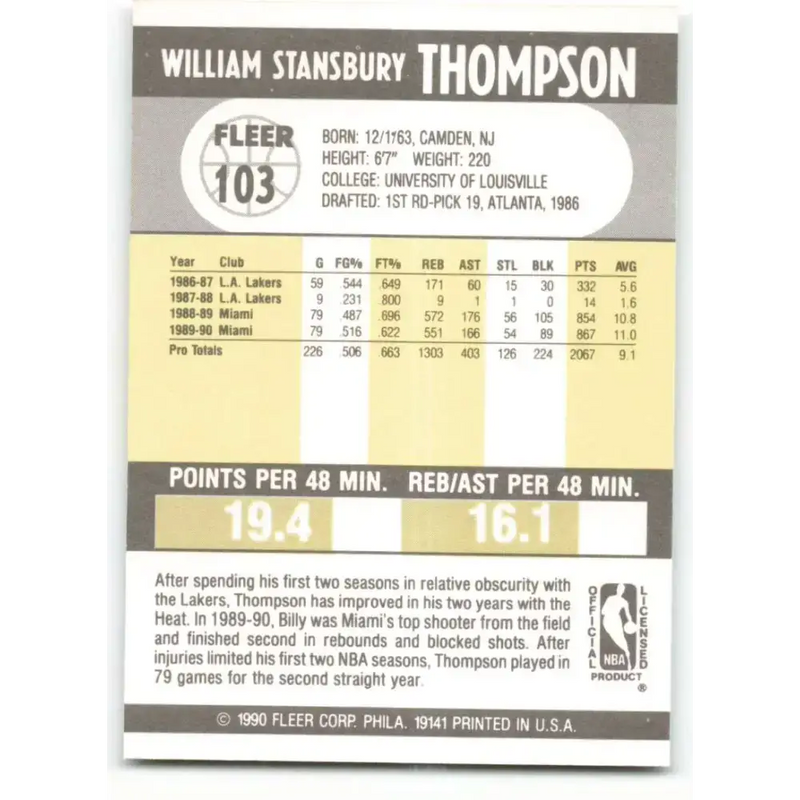 1990-91 Fleer #103 Billy Thompson EX Excellent Miami Heat Basketball Card - Basketball Card Single