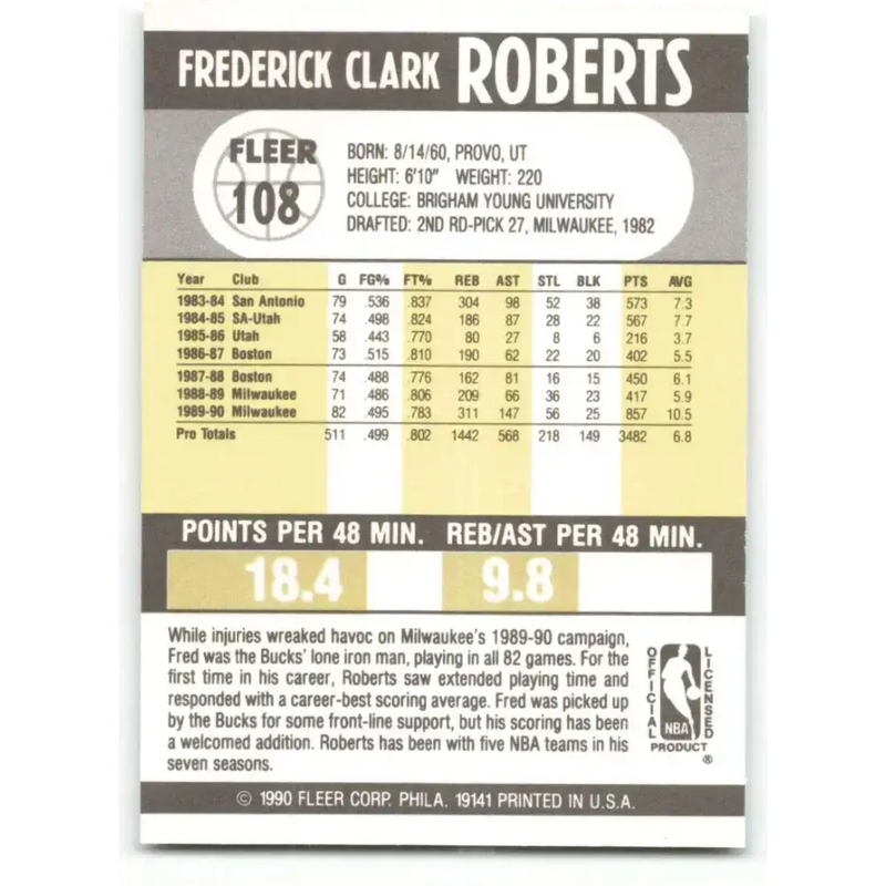 1990-91 Fleer #108 Fred Roberts EX Excellent Milwaukee Bucks Basketball Card - Basketball Card Single