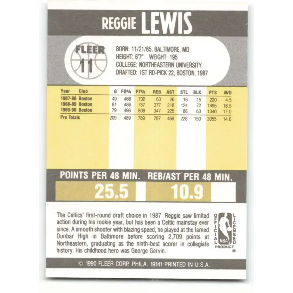 1990-91 Fleer #11 Reggie Lewis EX Excellent Boston Celtics Basketball Card - Basketball Card Single