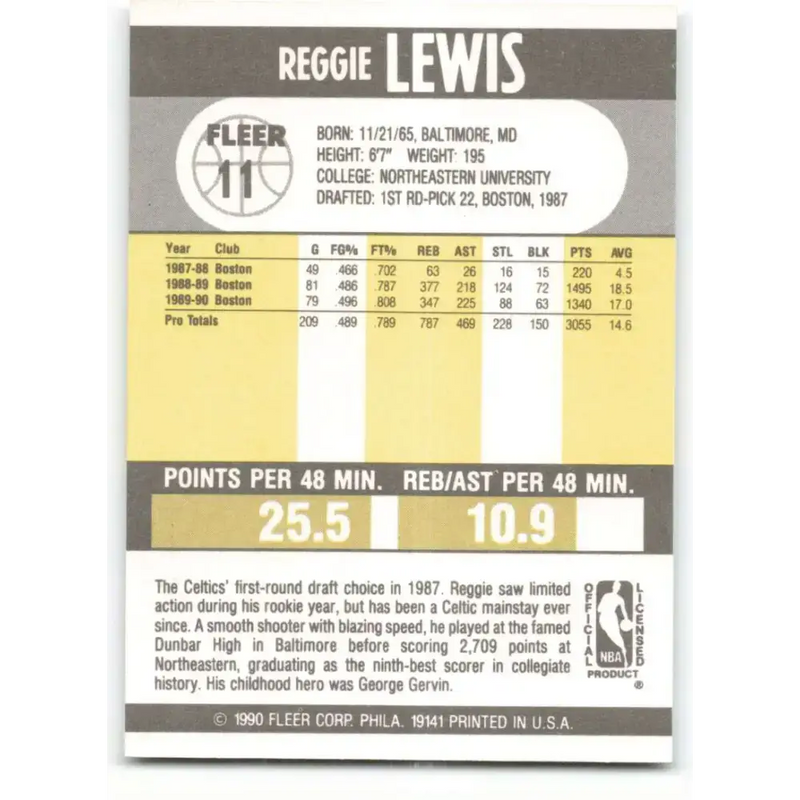 1990-91 Fleer #11 Reggie Lewis EX Excellent Boston Celtics Basketball Card - Basketball Card Single
