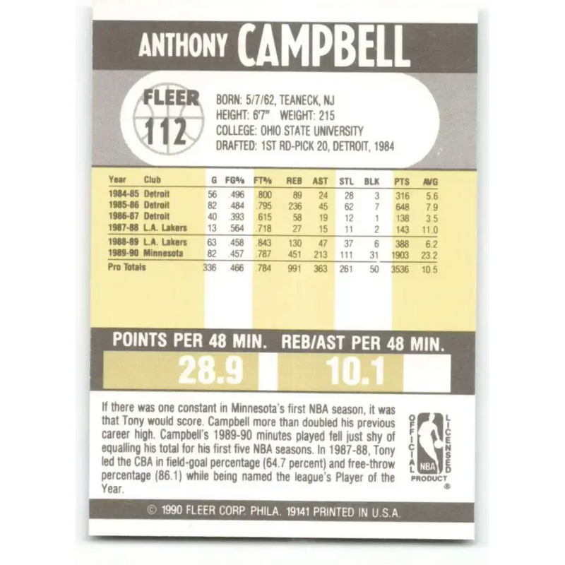 1990-91 Fleer #112 Tony Campbell EX Excellent Minnesota Timberwolves Basketball Card - Basketball Card Single