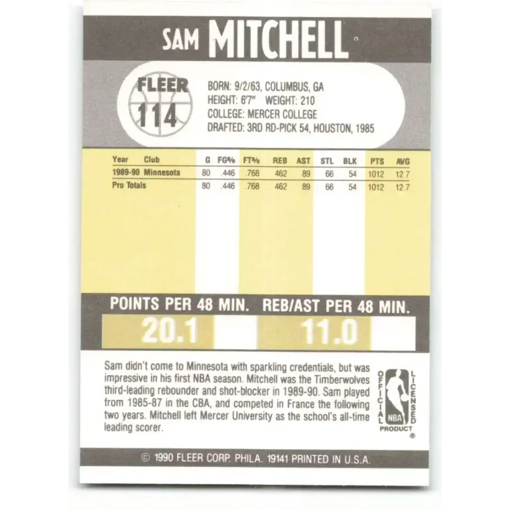 1990-91 Fleer #114 Sam Mitchell EX Excellent RC Rookie Minnesota Timberwolves Basketball Card - Basketball Card Single