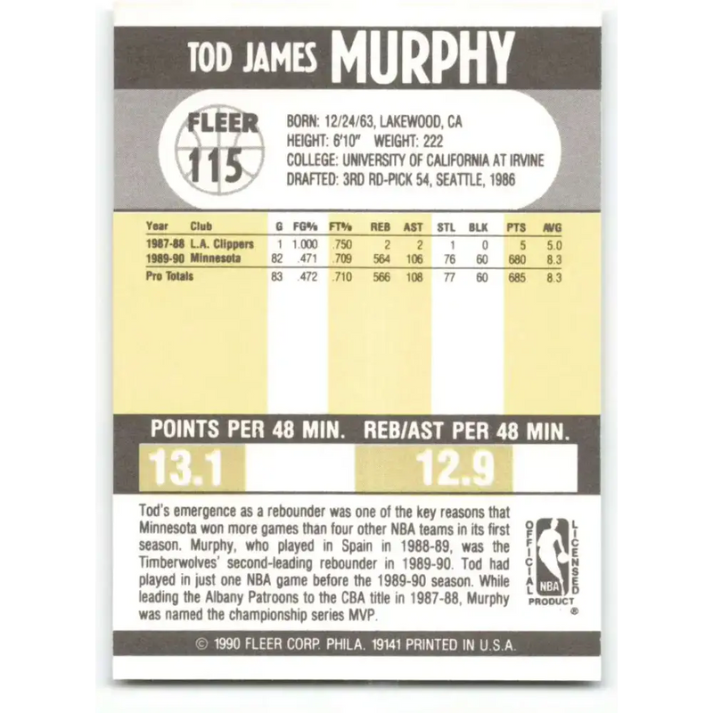 1990-91 Fleer #115 Tod Murphy EX Excellent Minnesota Timberwolves Basketball Card - Basketball Card Single