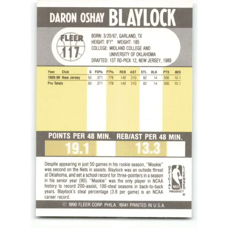1990-91 Fleer #117 Mookie Blaylock EX Excellent RC Rookie New Jersey Nets Basketball Card - Basketball Card Single