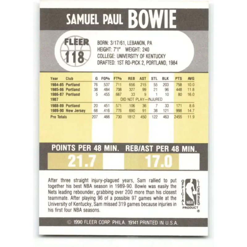 1990-91 Fleer #118 Sam Bowie EX Excellent New Jersey Nets Basketball Card - Basketball Card Single