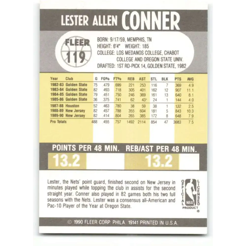 1990-91 Fleer #119 Lester Conner EX Excellent New Jersey Nets Basketball Card - Basketball Card Single