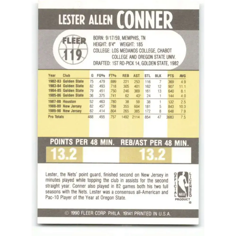 1990-91 Fleer #119 Lester Conner EX Excellent New Jersey Nets Basketball Card - Basketball Card Single