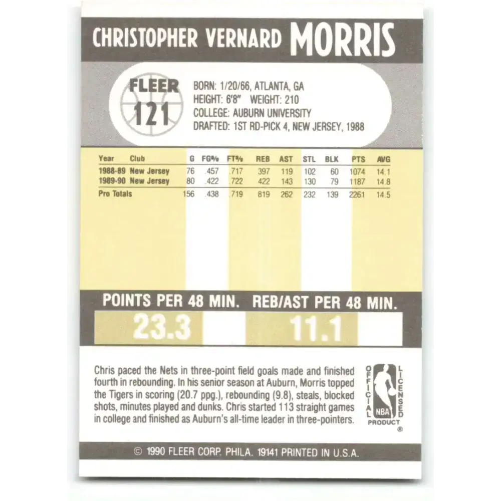 1990-91 Fleer #121 Chris Morris EX Excellent New Jersey Nets Basketball Card - Basketball Card Single