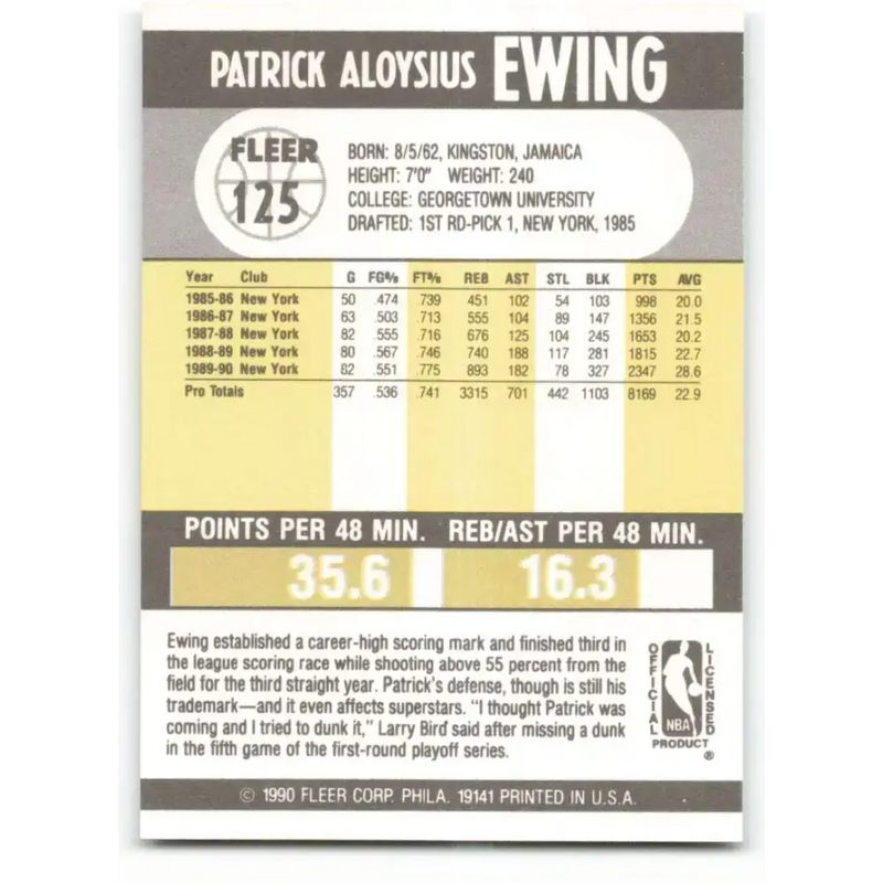 1990-91 Fleer #125 Patrick Ewing EX Excellent New York Knicks Basketball Card - Basketball Card Single