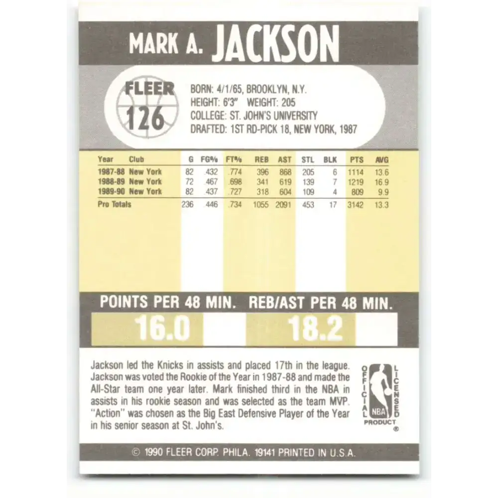 1990-91 Fleer #126 Mark Jackson EX Excellent New York Knicks Basketball Card - Basketball Card Single