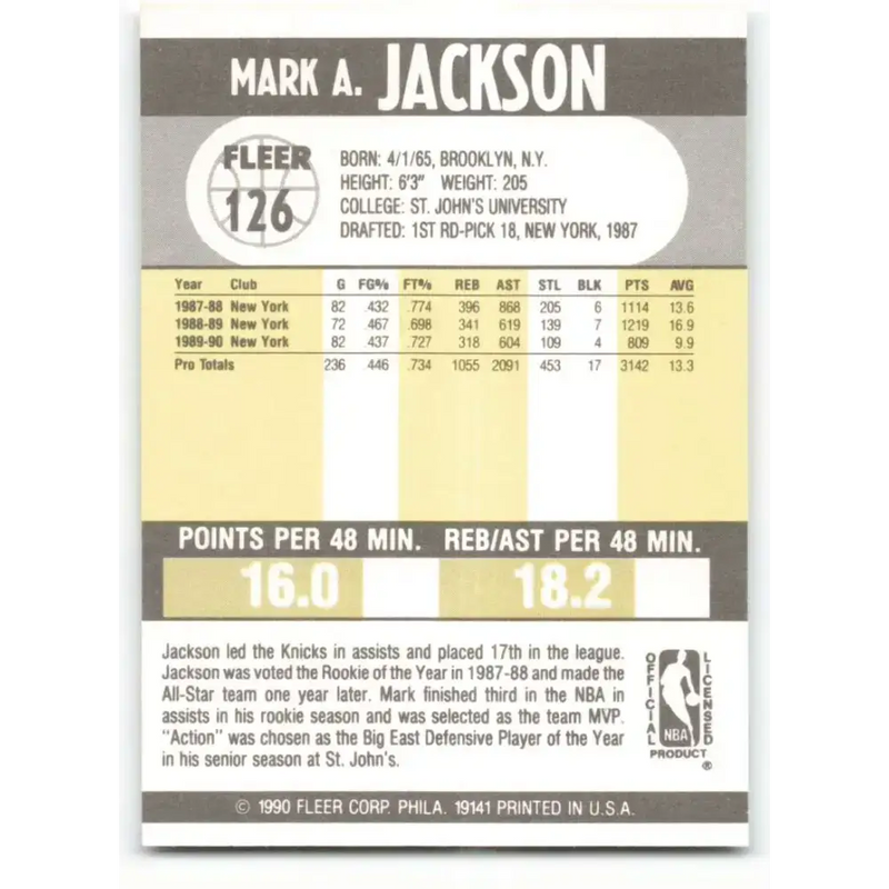 1990-91 Fleer #126 Mark Jackson EX Excellent New York Knicks Basketball Card - Basketball Card Single