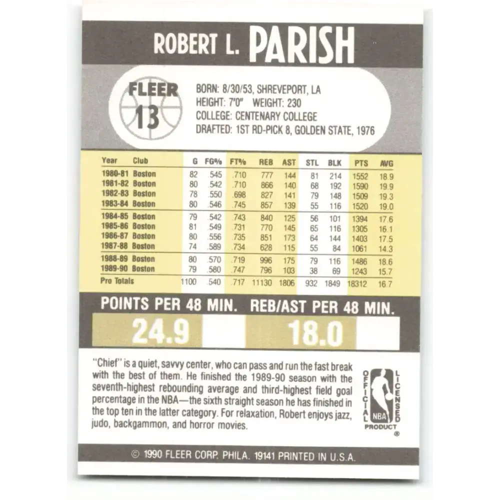 1990-91 Fleer #13 Robert Parish EX Excellent Boston Celtics Basketball Card - Basketball Card Single