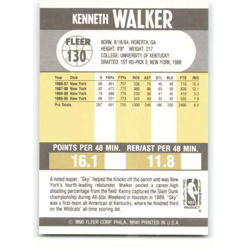 1990-91 Fleer #130 Kenny Walker EX Excellent New York Knicks Basketball Card - Basketball Card Single