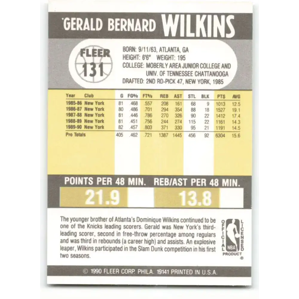 1990-91 Fleer #131 Gerald Wilkins EX Excellent New York Knicks Basketball Card - Basketball Card Single