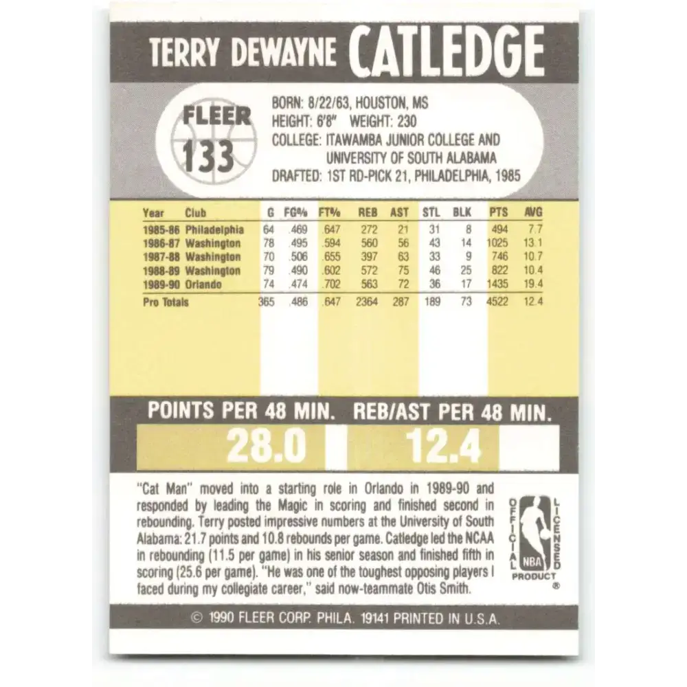 1990-91 Fleer #133 Terry Catledge EX Excellent Orlando Magic Basketball Card - Basketball Card Single