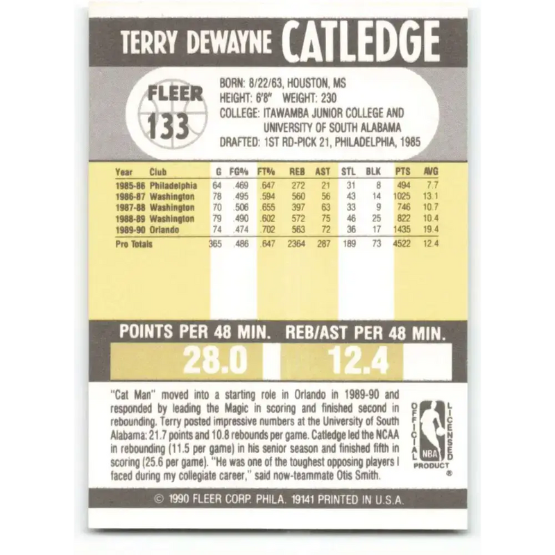 1990-91 Fleer #133 Terry Catledge EX Excellent Orlando Magic Basketball Card - Basketball Card Single