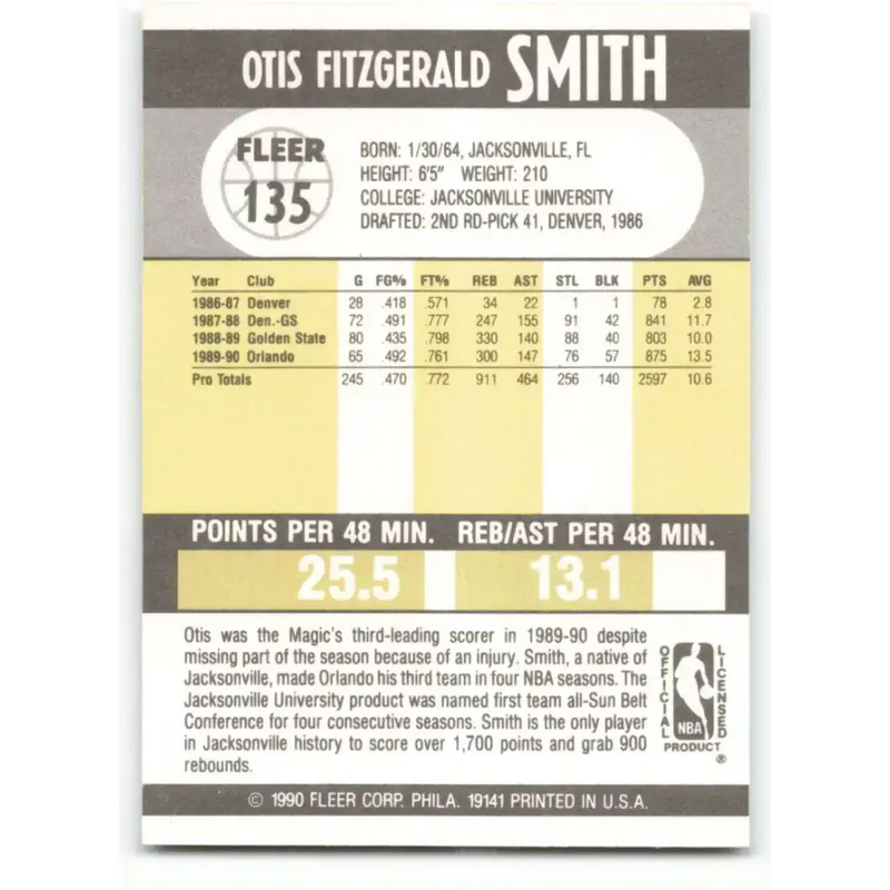 1990-91 Fleer #135 Otis Smith EX Excellent Orlando Magic Basketball Card - Basketball Card Single
