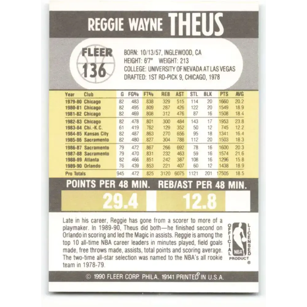 1990-91 Fleer #136 Reggie Theus EX Excellent New Jersey Nets Basketball Card - Basketball Card Single