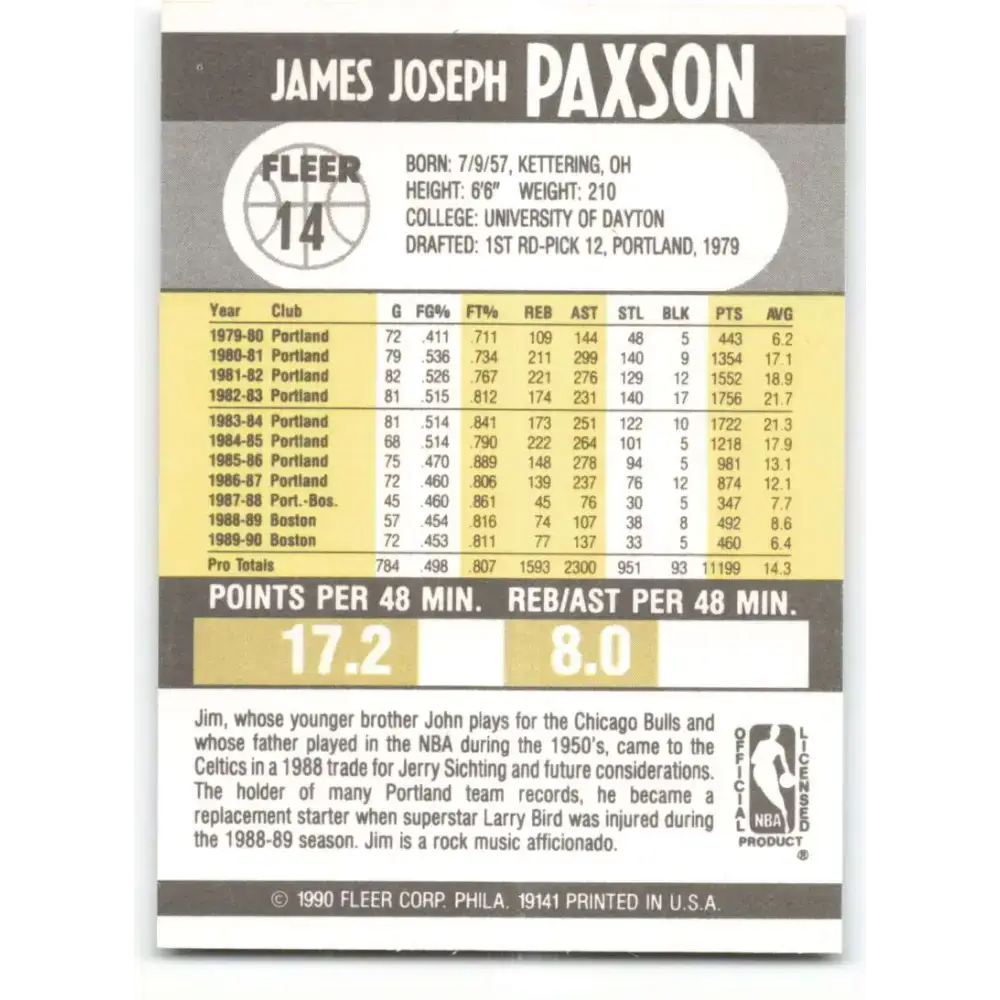 1990-91 Fleer #14 Jim Paxson EX Excellent Boston Celtics Basketball Card - Basketball Card Single