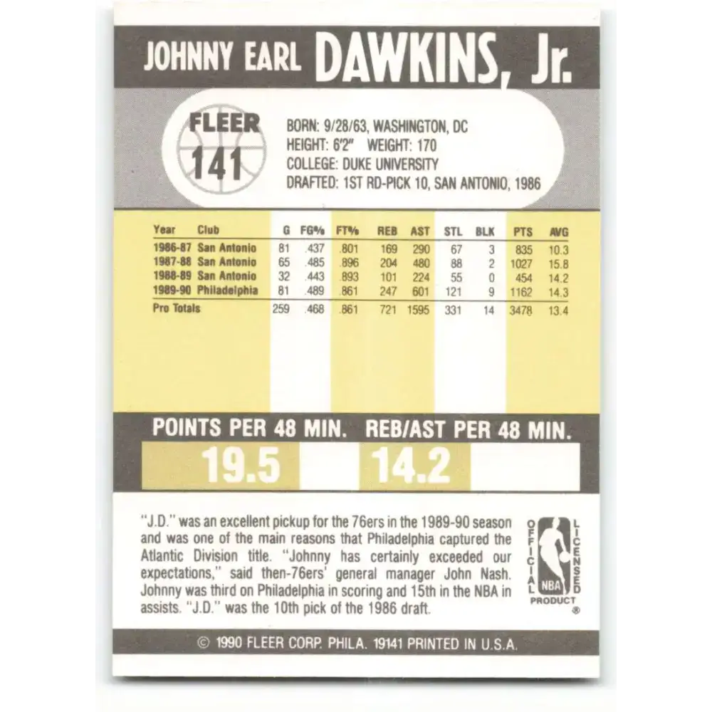 1990-91 Fleer #141 Johnny Dawkins EX Excellent Philadelphia 76ers Basketball Card - Basketball Card Single