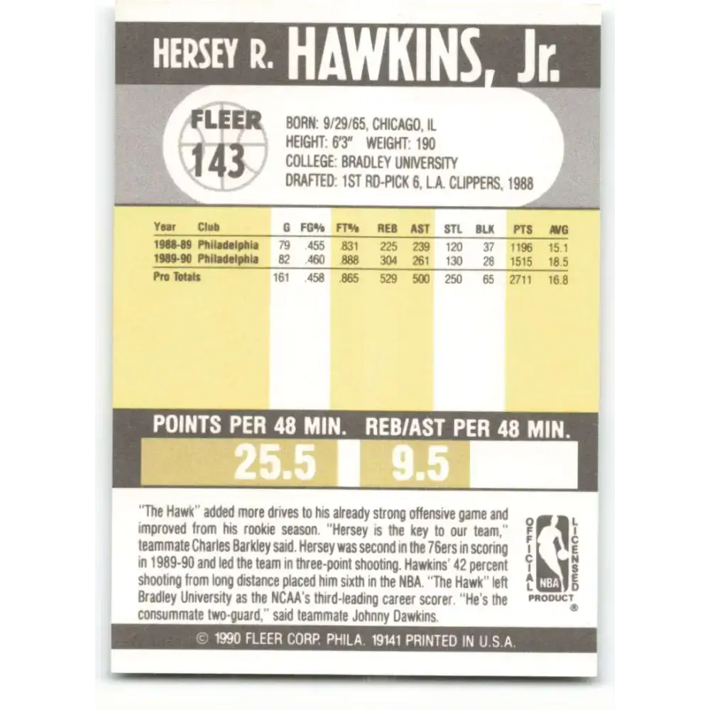 1990-91 Fleer #143 Hersey Hawkins EX Excellent Philadelphia 76ers Basketball Card - Basketball Card Single