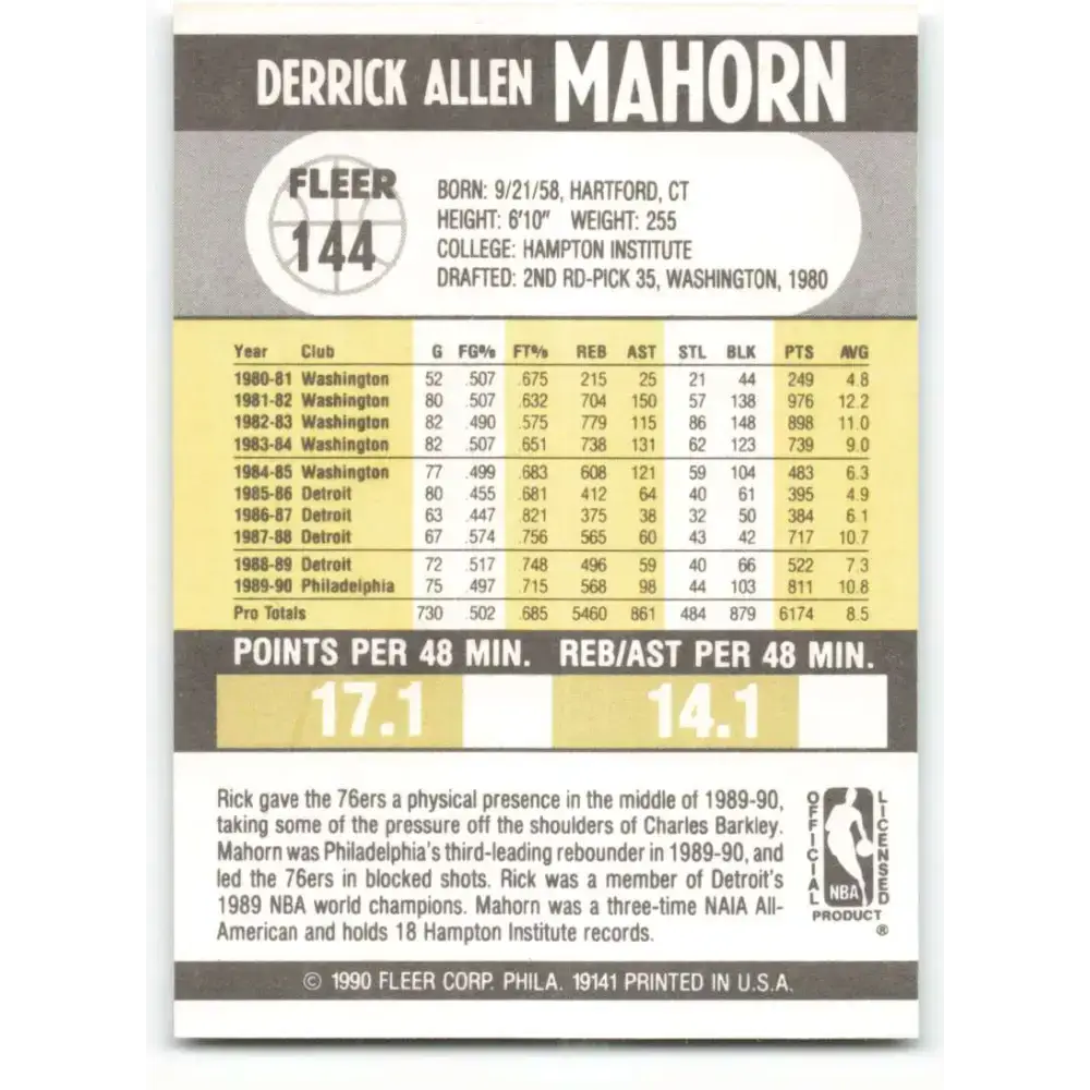 1990-91 Fleer #144 Rick Mahorn EX Excellent Philadelphia 76ers Basketball Card - Basketball Card Single