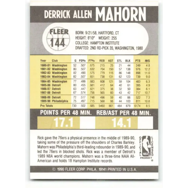 1990-91 Fleer #144 Rick Mahorn EX Excellent Philadelphia 76ers Basketball Card - Basketball Card Single