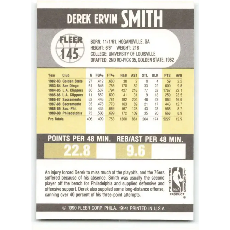 1990-91 Fleer #145 Derek Smith EX Excellent Philadelphia 76ers Basketball Card - Basketball Card Single