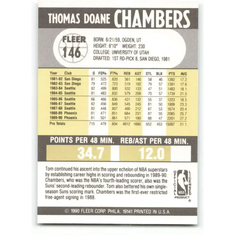 1990-91 Fleer #146 Tom Chambers EX Excellent Phoenix Suns Basketball Card - Basketball Card Single