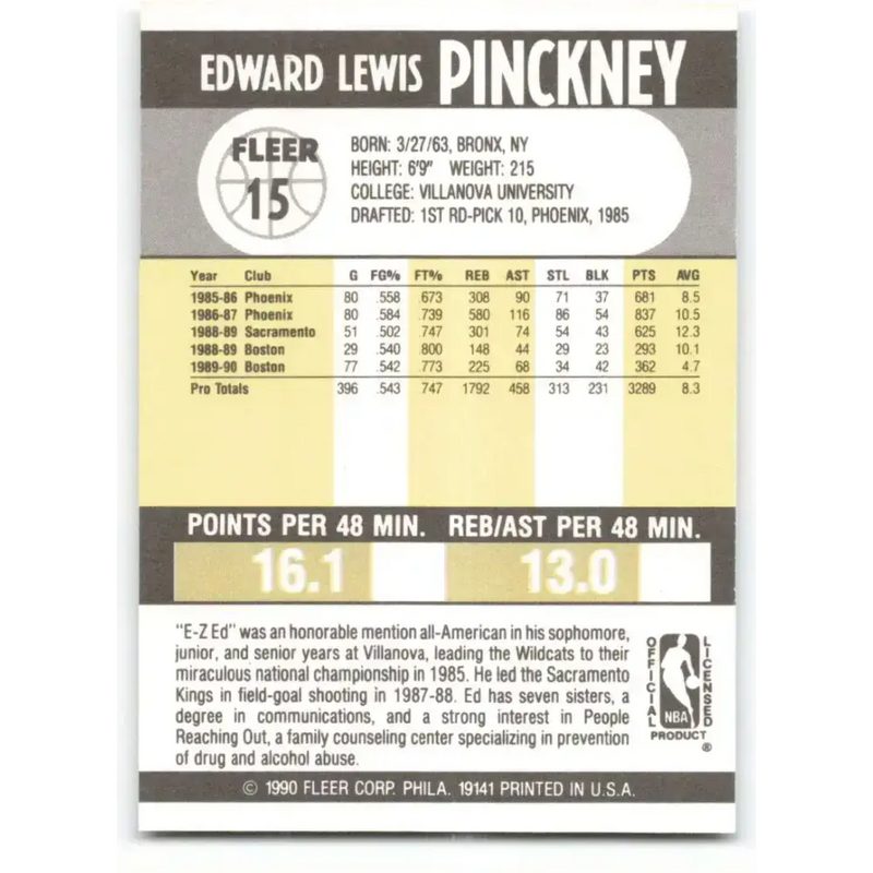 1990-91 Fleer #15 Ed Pinckney EX Excellent Boston Celtics Basketball Card - Basketball Card Single