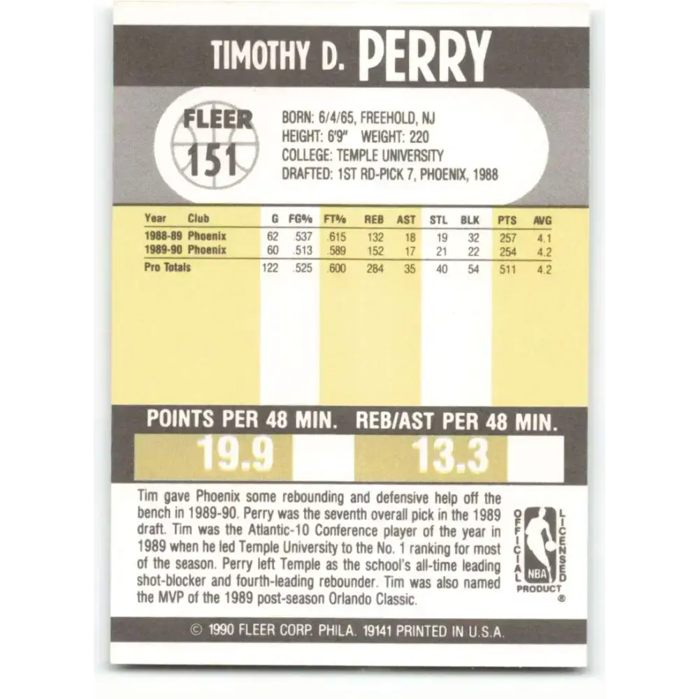 1990-91 Fleer #151 Tim Perry EX Excellent Phoenix Suns Basketball Card - Basketball Card Single
